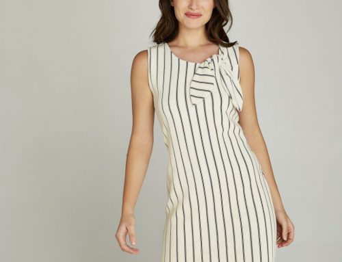 Cream Vertical Stripe Bow Tie Neck Dress